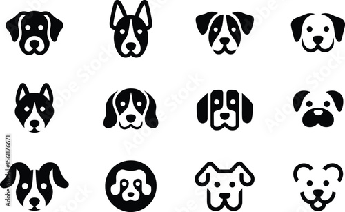 Silhouette vector art of cartoon dog face collection including cute expressions, rounded head shapes and markings