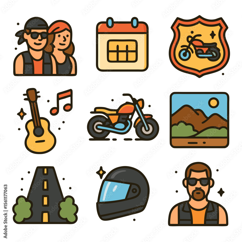 Fototapeta premium Made in USA motorcycle road trip icons for an epic American adventure, suitable for travel blogs, patriotic designs, or marketing materials.