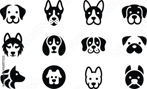 Silhouette vector art of playful face icons of cute dog characters showing ears, tongue, smiles and friendly expressions