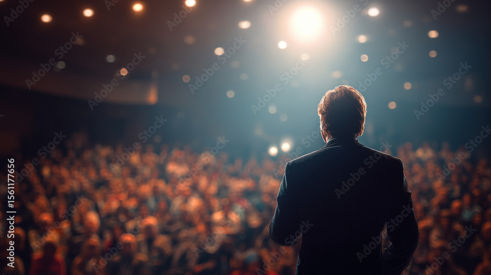Fototapeta premium A presenter commands the stage, exuding confidence and expertise in a corporate setting.