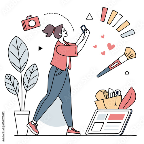 Woman taking a picture with her phone surrounded by makeup brush camera hearts and a plant in a pot near tablet