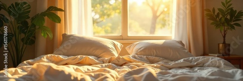 Sunlight streams into a bedroom, illuminating pillows and bedding ruffled from joyful morning laughter A sense of playful energy and carefree happiness fills the scene , awake, happy