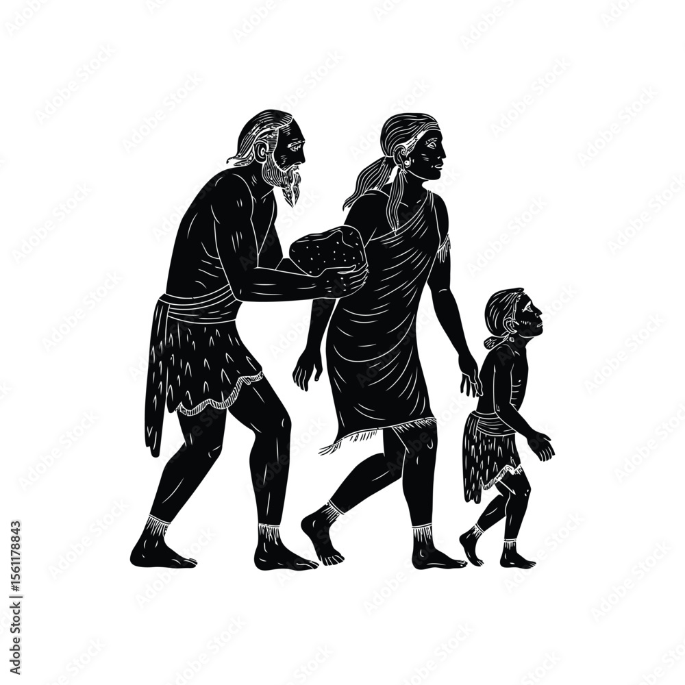 Fototapeta premium Ancient family vector in black color with white background.