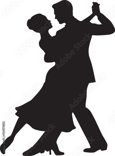 Elegant silhouette of a dancing couple performing a classic ballroom tango with grace and passion on a white background