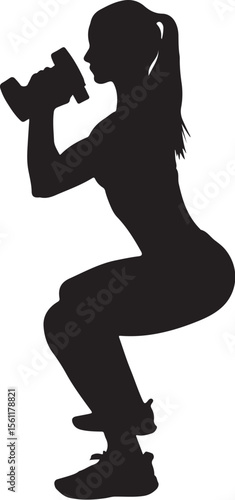 Silhouette of a woman performing dumbbell squats depicting fitness exercise and strength training in solid black color