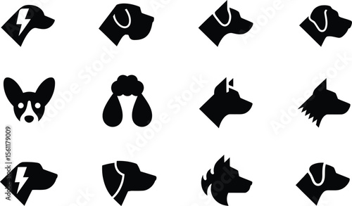 Silhouette vector fun dog cartoon icons featuring different breeds with expressive style and cute side heads