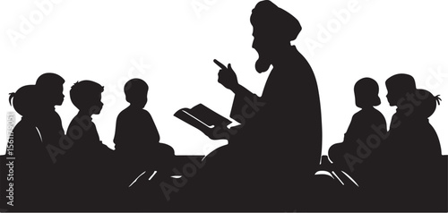 A silhouette depiction of a teacher reading to children in an educational classroom setting inspiring learning