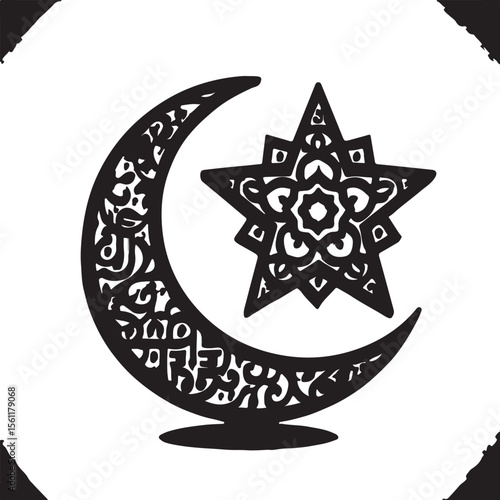 Intricate black and white illustration of a crescent moon and star symbol representing islamic culture and religious belief