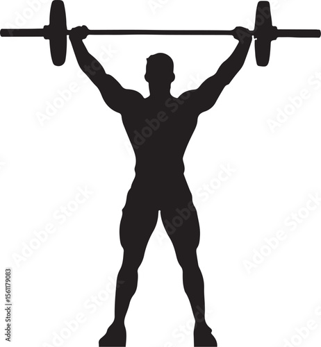 Silhouette of a muscular man lifting a barbell overhead in a weightlifting exercise representing strength fitness and power