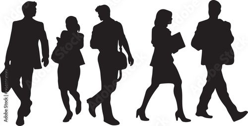 Silhouetted business professionals walking representing commute work lifestyle and busy city life activities for multiple uses