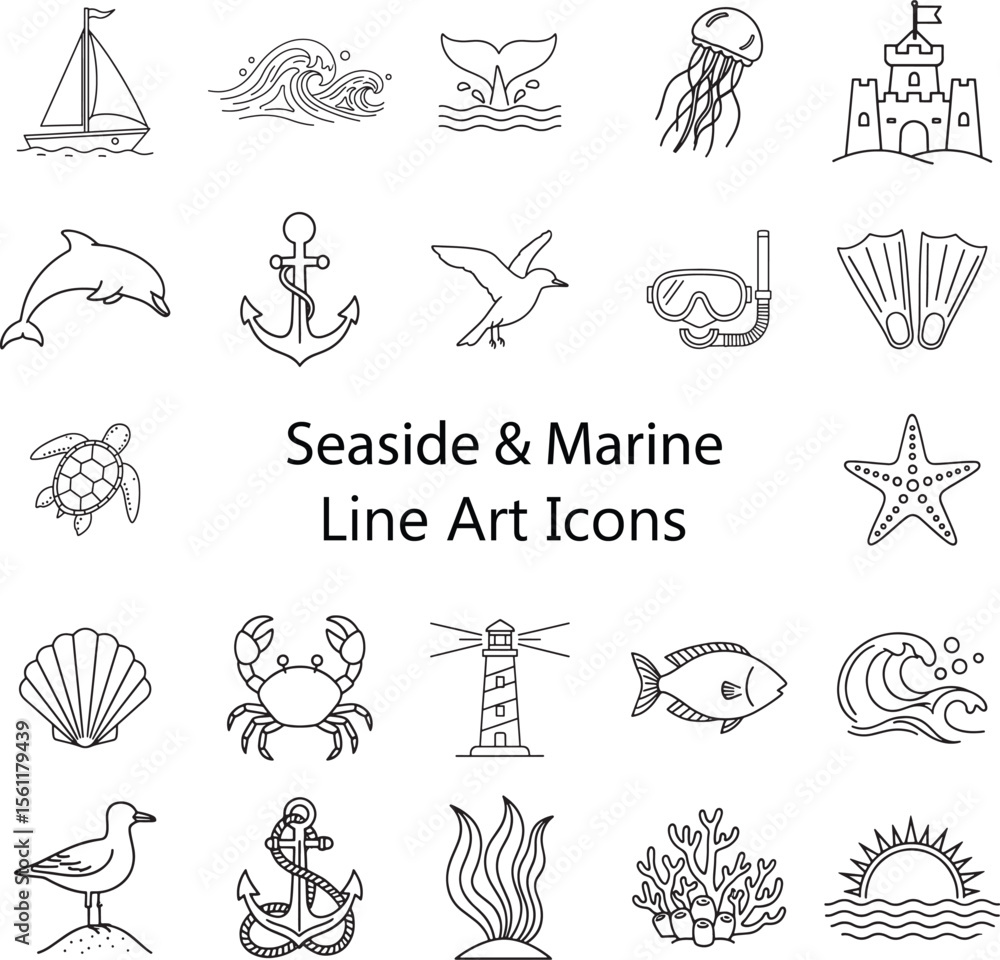 Naklejka premium Seascape Line Art Icons: Nautical, Marine, and Coastal Illustrations for Design