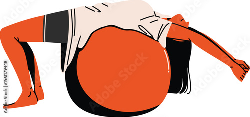 Detailed pose of a woman stretching her spine using a large pilates ball great for posture and rehab visuals.
