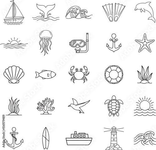 Line Art Ocean Icons:  Nautical, Marine Life, and Summer Vacation Symbols.
