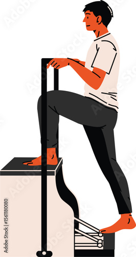 A man stepping on a pilates chair machine great for mobility, rehab, or vertical strength content.