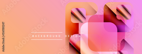 Abstract geometric shapes overlap, creating vibrant gradients. Peach background complements purple, orange hues. Modern design element.