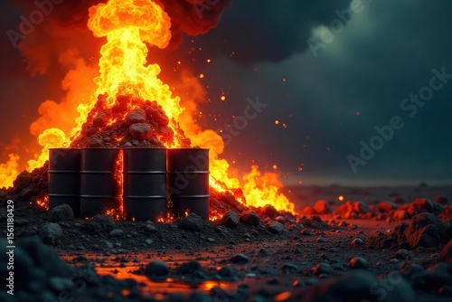 A lit fuse, dangerously close to a stack of explosive barrels, symbolizes imminent uncontrolled eruption and devastating consequences , smoke, violence, trigger