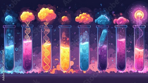 Bright science lab cartoon background with test tubes, glowing liquids, DNA icons and funny explosion effects