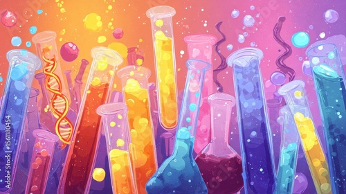 Bright science lab cartoon background with test tubes, glowing liquids, DNA icons and funny explosion effects