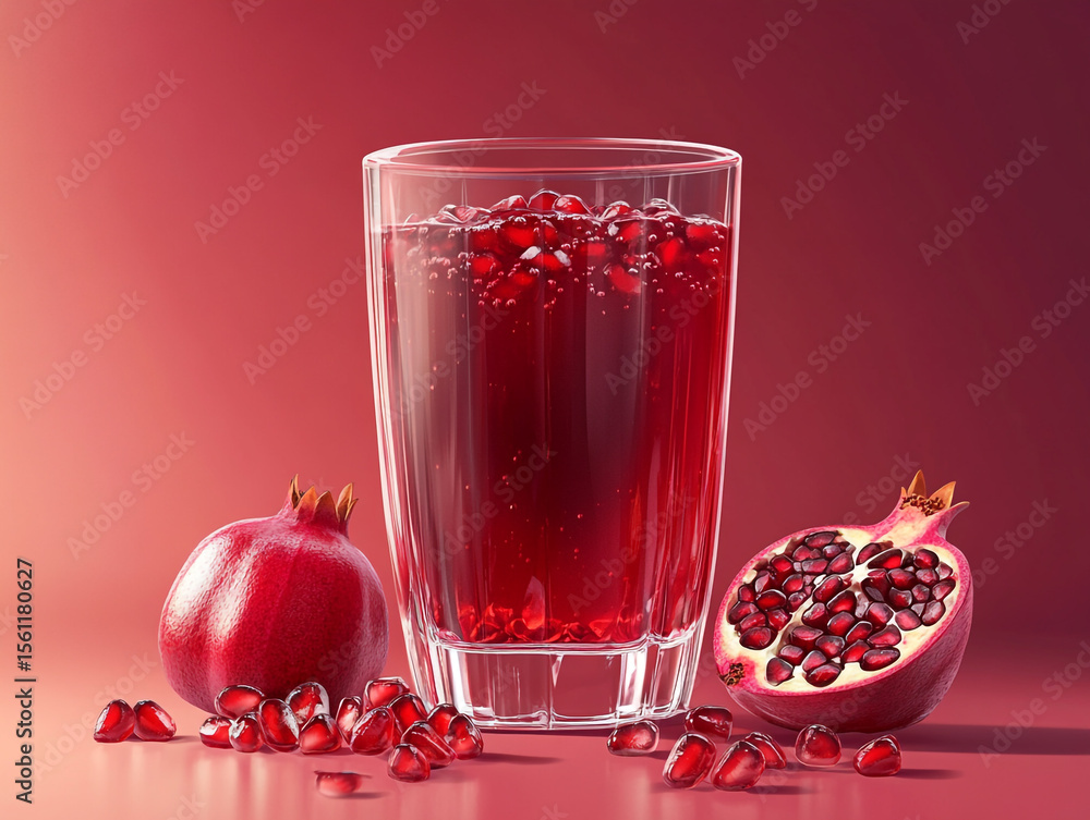 A glass of rich red pomegranate juice stands beside whole and cut pomegranates, adorned with lush pink peonies, on a dappled pink surface. A glass of rich red pomegranate juice stands beside whole and cut pomegranates, adorned with lush pink peonies, on a dappled pink surface.