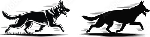 Silhouette vector german shepherd artwork of dogs running in motion with textured line and black animation style