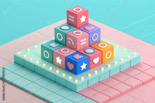 Colorful isometric cubes with icons and lights on a pastel background