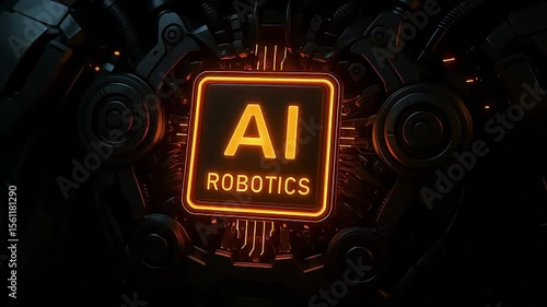 AI Robotics Concept with Glowing Orange Circuit Interface and Mechanical Components – Futuristic Visualization for Artificial Intelligence, Automation, Machine Technology, and Smart Robotics Systems