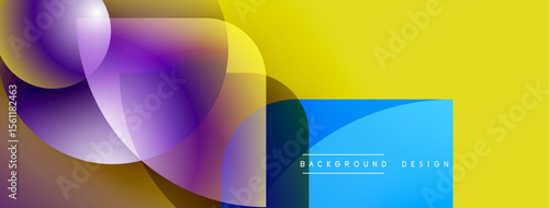 Abstract colorful shapes overlap, creating dynamic visual effect. Yellow dominates right side, purple left. Modern design elements present.