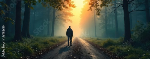 A lone figure stands at a crossroads, three paths diverging into a misty forest, symbolizing a critical decision and the unknown future that awaits , mystery, indecision