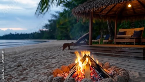 Beach scene at dusk with a bonfire in the foreground. Firelight illuminates logs and rocks. Cozy gazebo and beach chairs offer comfort. Serene coastal landscape with trees