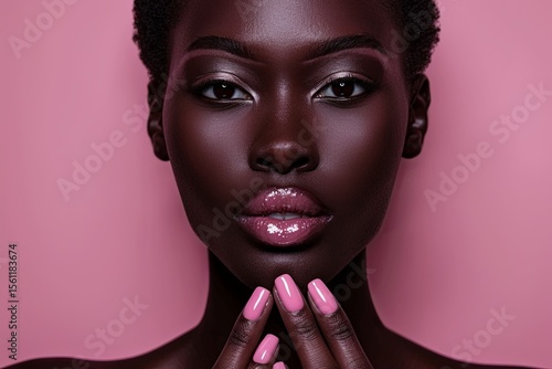 Young African American woman touches her chin, conveying serenity and sophistication. Studio setting with plain pink background enhances calm mood during daytime.