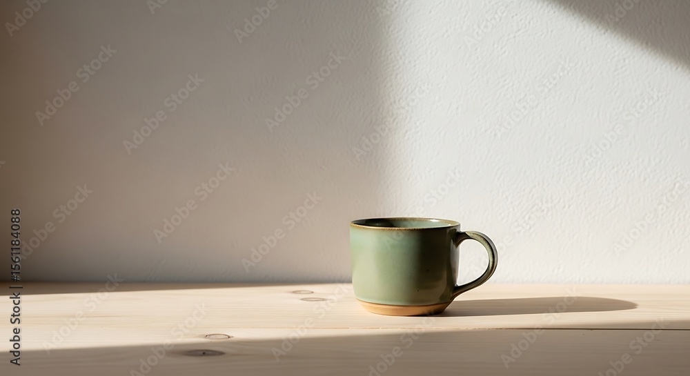 Minimalist still life of a green ceramic mug with light and shadow play Minimalist still life of a green ceramic mug with light and shadow play