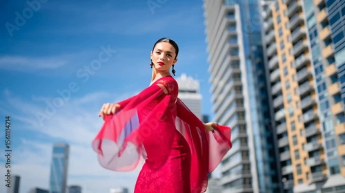 Woman in a flowing red dress performs a flamenco dance in the city
