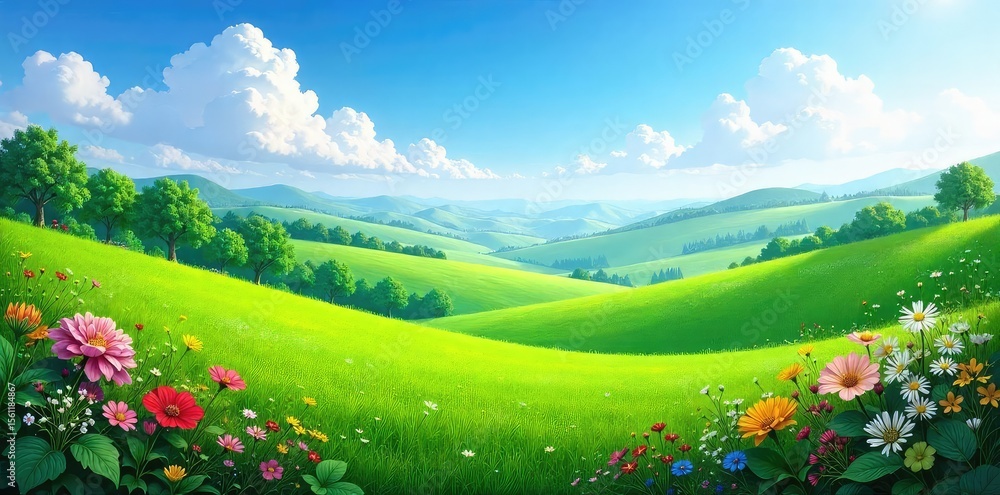 Obraz premium Serene landscape featuring lush green plants, vibrant flowers, and rolling hills under a clear blue sky Perfect for nature, travel, and environmental themes , calm, sky, spring
