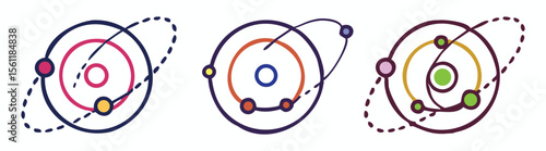 Vector art of three colorful planetary systems with orbiting planets and stars, isolated on white background.