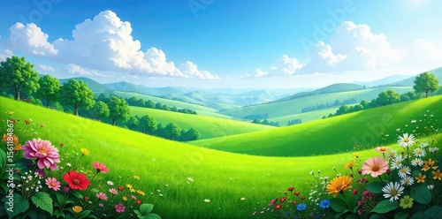 Serene landscape featuring lush green plants, vibrant flowers, and rolling hills under a clear blue sky Perfect for nature, travel, and environmental themes , calm, sky, spring