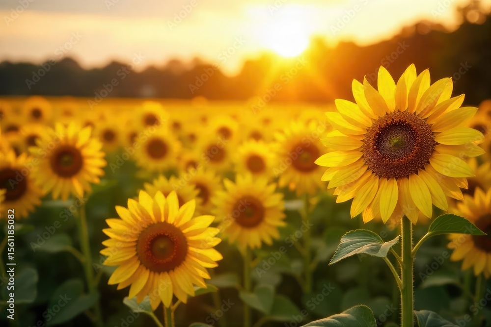 Fototapeta premium Golden hour sunlight illuminates a field of vibrant sunflowers, evoking feelings of joy and carefree contentment A perfect representation of pure, unadulterated happiness , sun, radiance