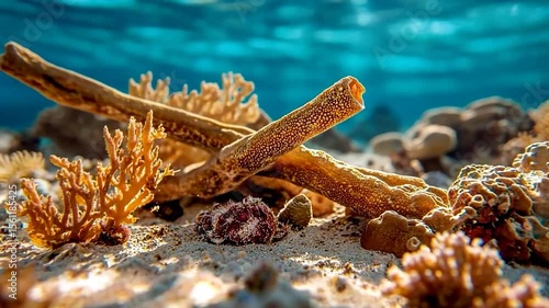 Underwater view of coral formations and diverse marine life. Featuring a vibrant underwater environment with sunlight creating a tranquil and captivating scene. Various coral formations