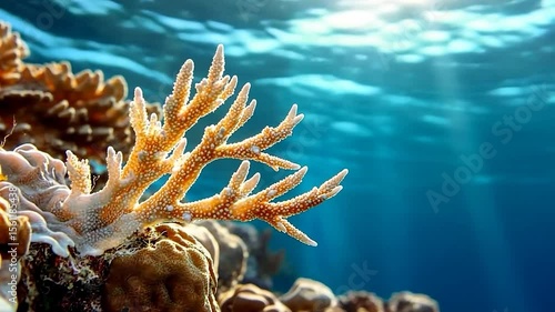 Underwater view of coral reef with sunlight penetration. The coral's branching structure and vibrant colors contrasts the blue water with light beams. An oceanic habitat scene