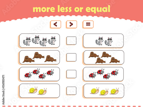 More, less or equal. Count the amount of cute wild animals. Educational math game for kids. Vector Illustration