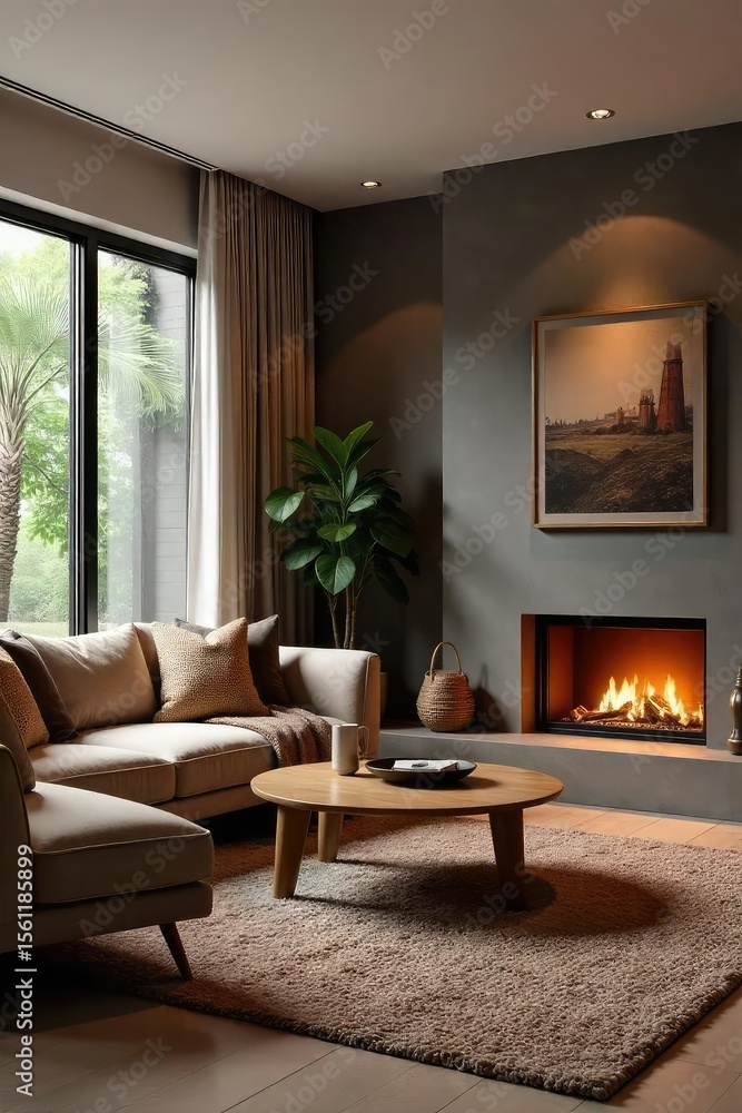 Fototapeta premium Cozy living room with warm lighting, featuring a textured rug, stylish sofa, and a modern fireplace creating a relaxed and inviting atmosphere Perfect for home decor inspiration , serene, interior