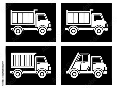 Collection of white dump truck and garbage truck icons on black background