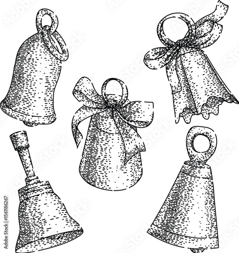 gold bell set sketch hand drawn vector