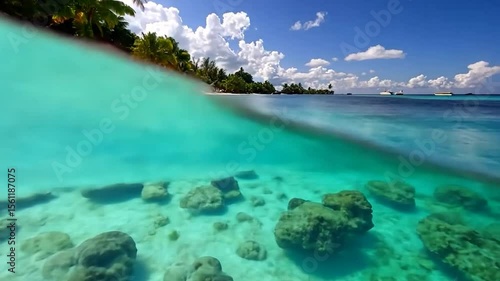 Undersea view showcasing rocks and aquatic life along shoreline with blue and turquoise water and sunny sky above the surface in a tropical beach setting