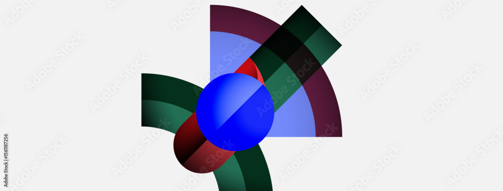 Abstract composition features curved shapes, vibrant colors. Blue sphere central, surrounded by green, red, light blue arcs. Minimalist design. Abstract composition features curved shapes, vibrant colors. Blue sphere central, surrounded by green, red, light blue arcs. Minimalist design.
