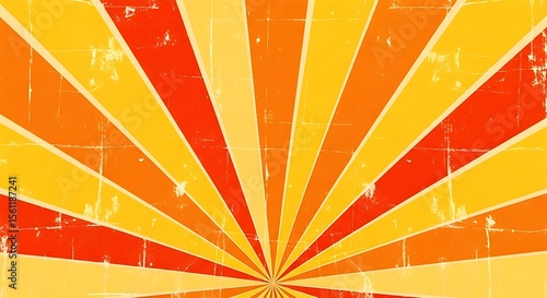 Retro style grunge background with radiating sunbeams in vibrant colors