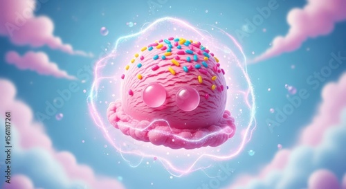 Magical Pink Ice Cream: A whimsical illustration of a pink ice cream scoop with colorful sprinkles, seemingly floating in a magical aura against a pastel blue sky.