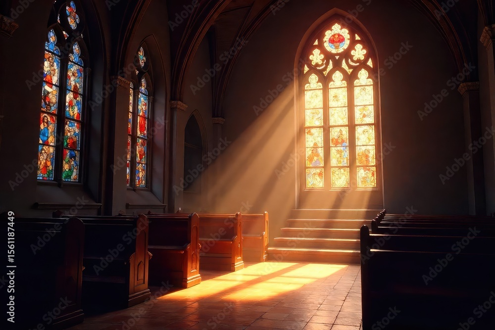 Fototapeta premium Sunlight streams through stained-glass windows in a serene chapel, illuminating dust motes dancing in the air A feeling of peace and contemplation pervades the sacred space , faith, structure