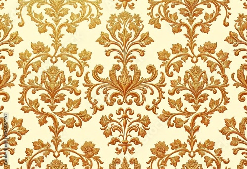 Intricate floral damask pattern in gold on cream background,  couple,  art