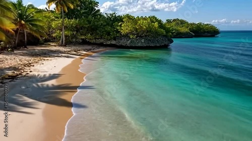Aerial shot of a serene tropical beach showcasing turquoise waters soft sand lush greenery and blue skies The video depicts a beautiful landscape with palm trees and rock formations near the shore