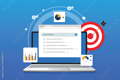 Keyword Research and SEO optimization concept. Selection popular search terms with search engine suggestion tips.